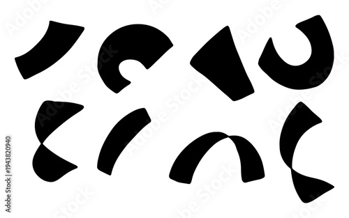 A collection of abstract black shapes on a white background, featuring curves and geometric forms.