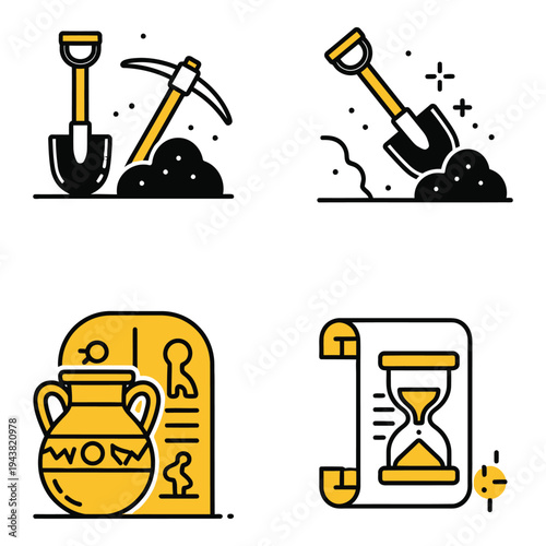 Vector art of four flat design icons representing archaeology and the passage of time