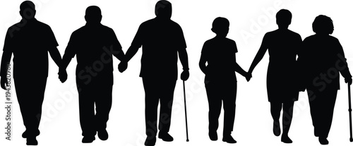 People silhouettes holding hands showing friendship, support and community including adults and elderly with walking cane representing unity, care and social connection