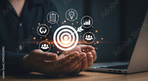 Digital Target and Business Strategy Icons Concept Reaching Marketing Objectives and Success Abstract Goal Setting Arrow Pointing to Bullseye and Graph