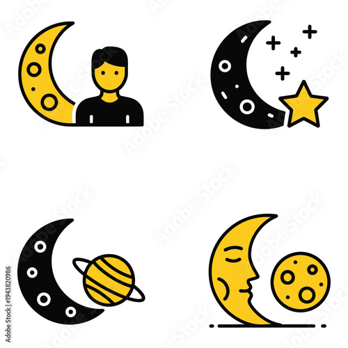 Vector art of collection of four flat design icons representing moon phases and celestial bodies