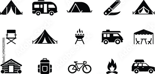Black silhouettes of various camping and outdoor icons and objects on white background