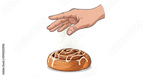 Hand sprinkling cinnamon on pastry.