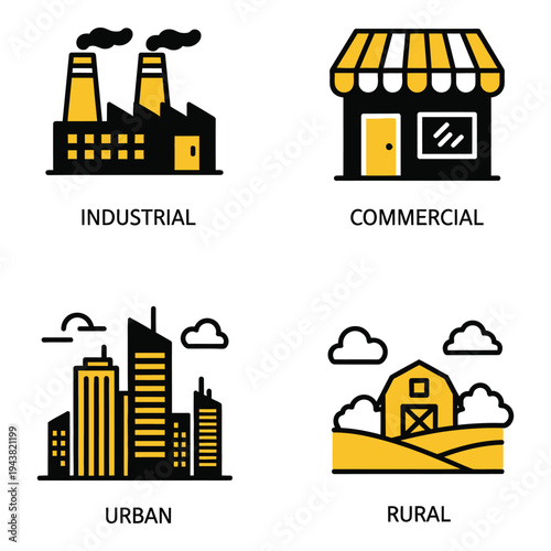 Vector art of icons illustrating different types of human settlements industrial, commercial, urban, and rural