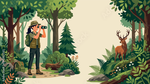 Woman photographer observing deer in forest with binoculars.