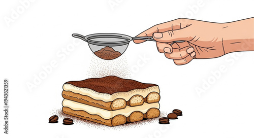 Hand sprinkling cocoa powder cake.