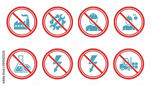 Warning and prohibition symbol collection including no phone, no photography, and other restricted activity signs.