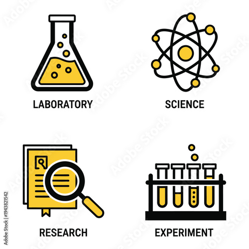 Vector art of set of four icons representing laboratory, science, research, and experiment concepts