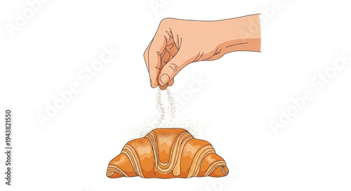 Hand sprinkling sugar on croissant.