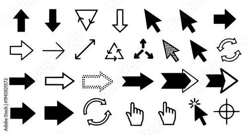 Arrows icon set with black and white directional symbols and cursor pointers. featuring icons, cursors, graphic
