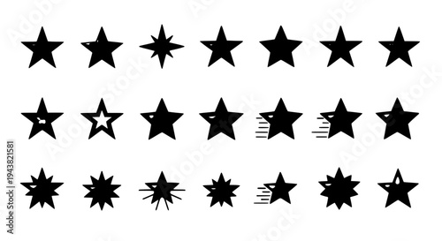 Stars hand drawn set with black grunge scrawls and various shapes featuring star icons, illustrations, graphic