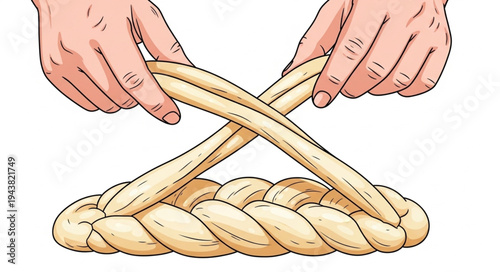 Hands Braiding Challah Bread Loaf.