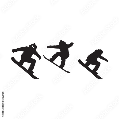 Black silhouettes snowboarders on white background illustration.
