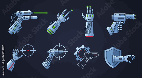 Robotic arms and guns are displayed on a dark background with various tools.