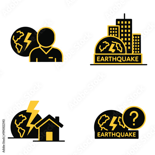 Vector art of four icons depicting earthquake impact and related concepts