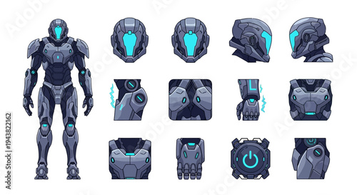A futuristic robot stands with various body armor components displayed around it.