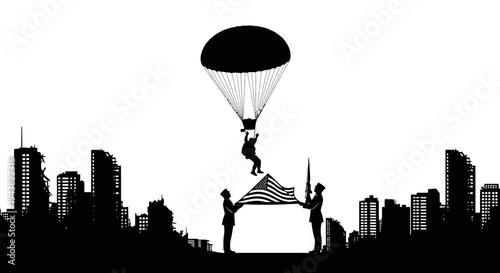 Paratrooper Landing with American Flag, City Skyline Silhouette