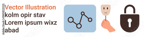 Data security, online privacy, identity protection, anonymity, cybersecurity, secure connections. Image a lock, a mask and a network graphic. Data security and online privacy concept