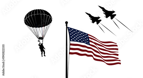Paratrooper, American Flag, and Fighter Jets: Symbol of Freedom and Military Power