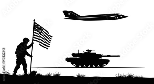 Patriotic Soldier with American Flag, Tank, and Jet Silhouette