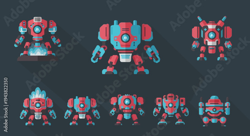 Robots in various poses showcased against a dark background with red and blue hues