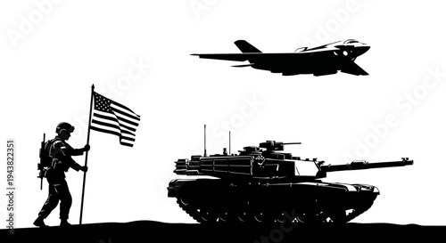 Patriotic Soldier with US Flag, Tank, and Fighter Jet Silhouette