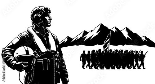Pilot and Soldiers Marching with Flag in Snowy Mountains