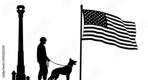 Patriotic Soldier with K9 Unit and American Flag Silhouette
