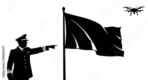 Pilot directing drone near flag, silhouette, technology, surveillance, control, future