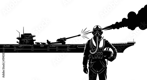 Pilot and Aircraft Carrier Firing Cannon, Military Action Illustration