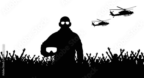 Pilot Hero Silhouette with Helicopters and Crowd Cheering