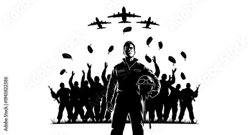 Pilot Hero Celebration with Airplanes and Crowd