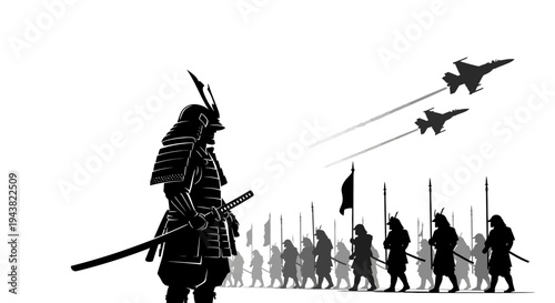 Samurai Warrior Facing Modern Jets, Historical Contrast, Digital Art