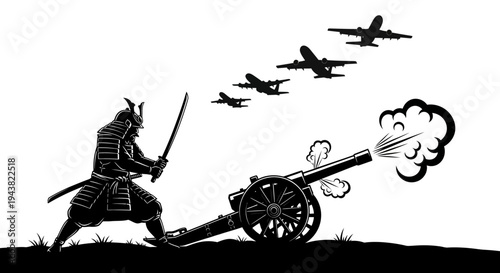 Samurai warrior fires cannon at modern airplanes in a surreal historical battle concept