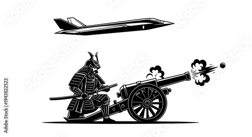 Samurai Warrior Fires Cannon at Modern Jet Fighter