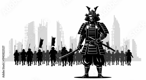 Samurai Warrior Leader with Army Silhouette Background, Japanese Culture
