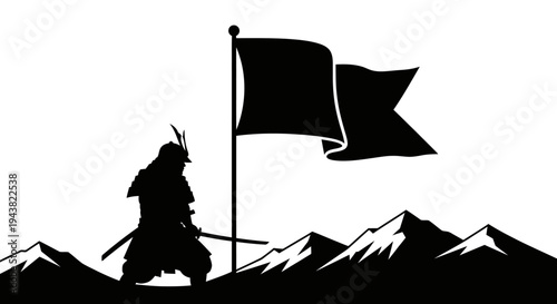Samurai Warrior Silhouette with Flag on Mountain Peak, Victory Concept