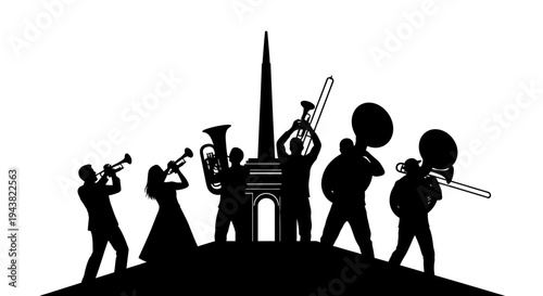Silhouette Brass Band Performing on Hilltop with Monument