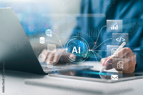Agentic AI workflow automation concept. Businessman use automated artificial intelligence agents for data process, chart report, search, coding, workflow process, data analytics, document management