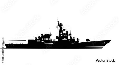 Silhouette of a modern warship sailing on the sea, vector illustration