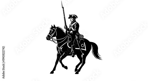Silhouette of a Revolutionary War soldier on horseback with musket, black and white illustration