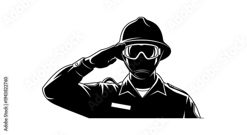 Silhouette of a person in a helmet and goggles saluting, representing authority, respect, or protection.