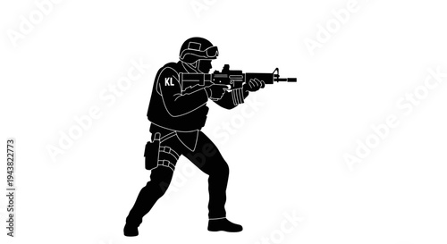 Silhouette of a soldier aiming a rifle, tactical gear, military action, white background