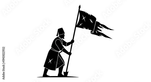 Silhouette of a warrior holding a tattered flag, historical battle scene, ancient army symbol