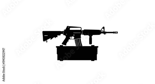 Silhouette of Assault Rifle on Ammunition Box, Military Weapon Icon