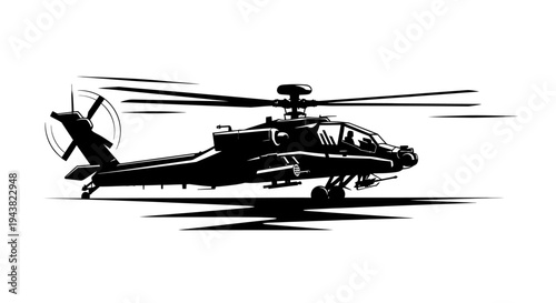 Silhouette of an Apache attack helicopter in flight, military aviation, dynamic action
