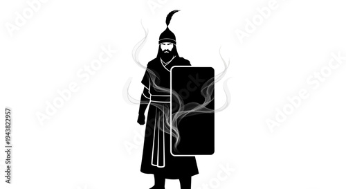 Silhouette of a Warrior with Shield and Smoke