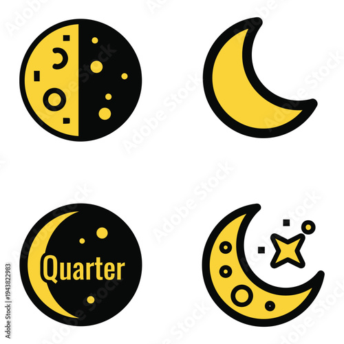Vector art of four yellow icons illustrating different phases of the moon