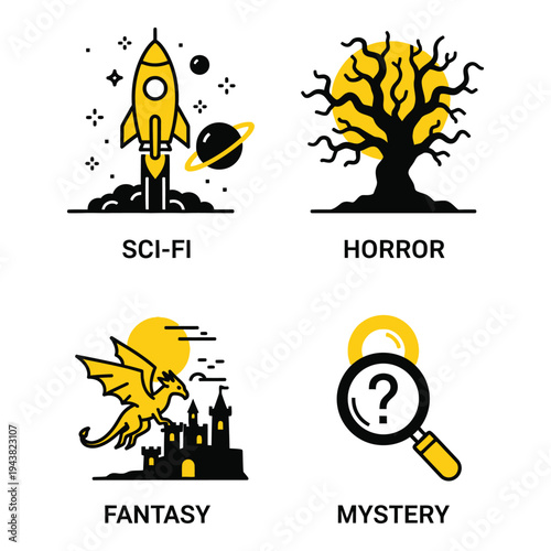 Vector art of four yellow icons representing scifi, horror, fantasy, and mystery genres