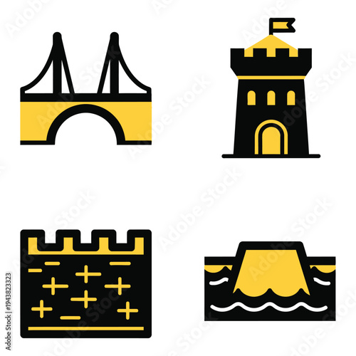 Vector art of set of four flat design icons representing different architectural structures and geographical features